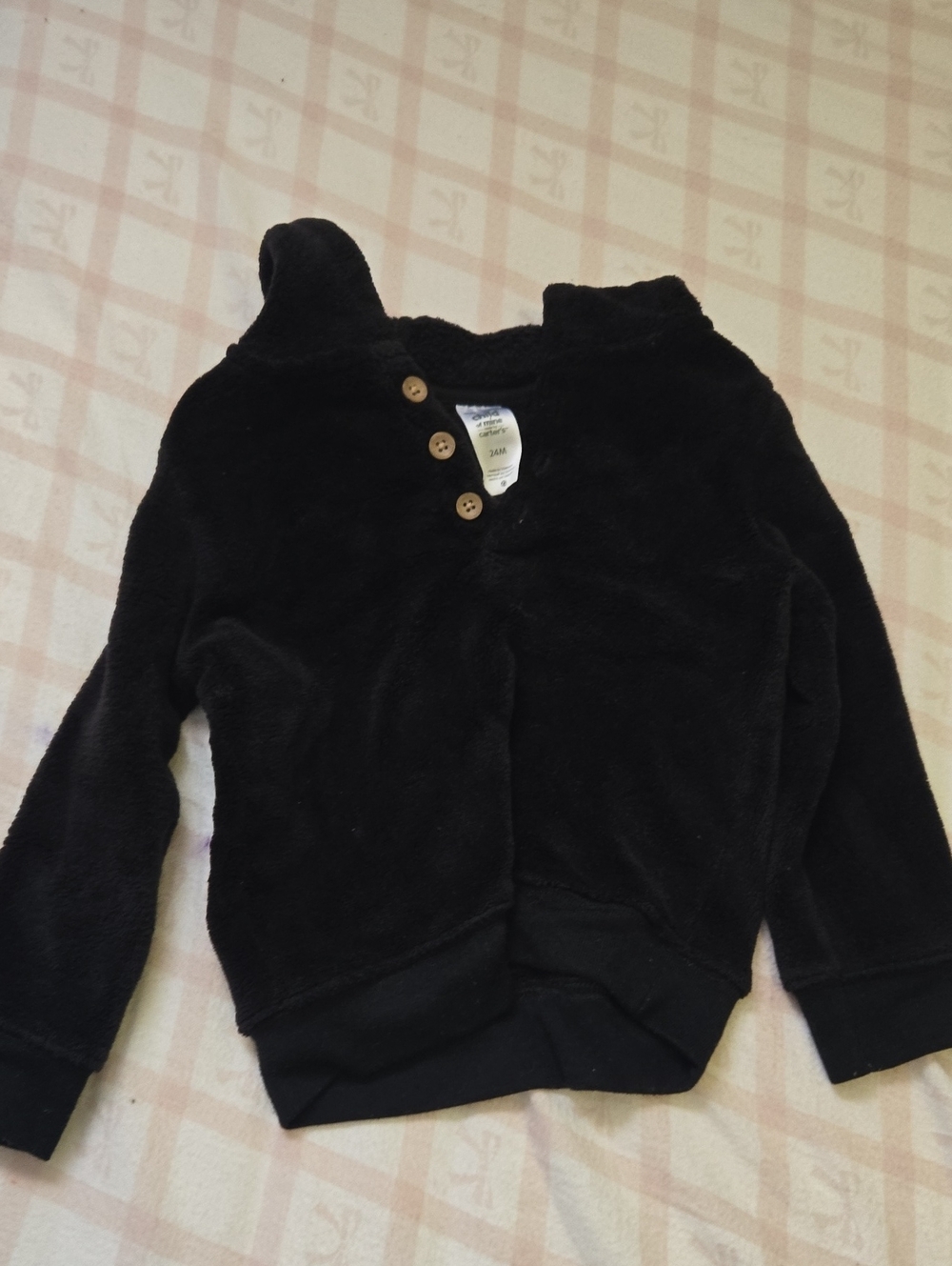 Carter's Black Plush Pullover Hoodie with Wood Buttons